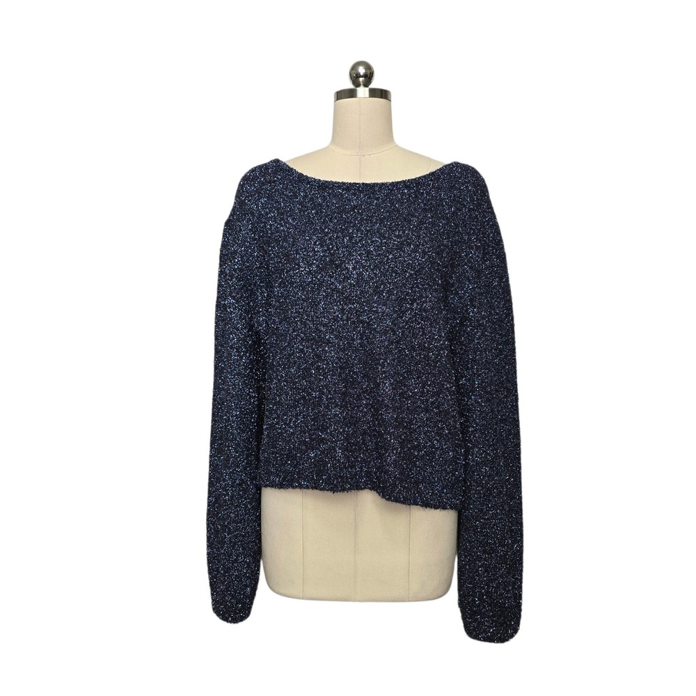 Anthropologie Navy Blue Metallic Open Back Tie Detail Fuzzy Knit Sweater Size XL
